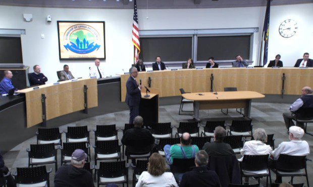 Developer Gary Berman addresses what remains of the crowd at Thursday's three-hour special meeting on the Parkhouse property. (Image via Upper Providence Township)