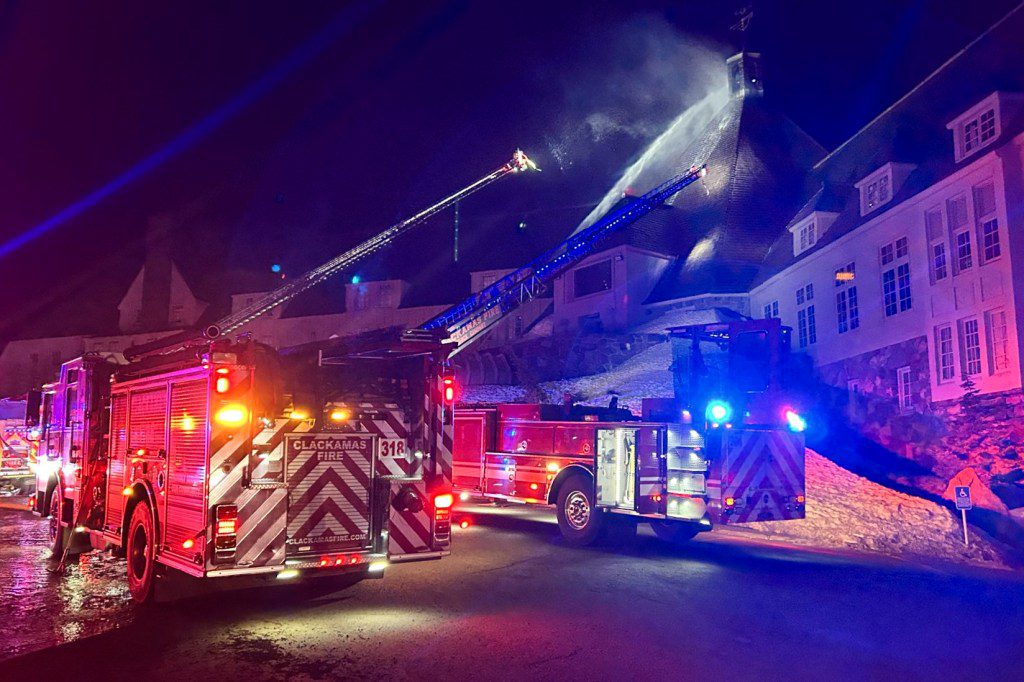 Firefighters extinguish a fire at Oregon's historic Timberline Lodge form The Shining