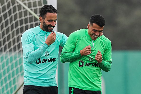 Sporting boss Ruben Amorim shares a joke with Pedro Porro