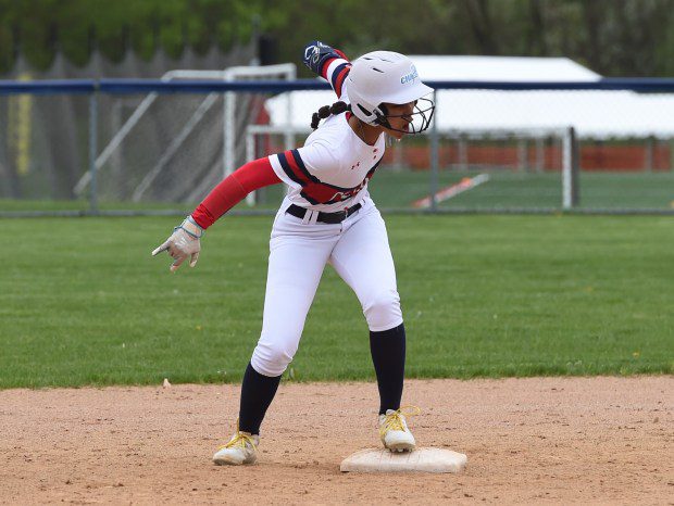 Plymouth Whitemarsh's Kalina Childers, 12, celebrates at second base after hitting a double in the bottom of the second inning against Hatboro-Horsham during their game on Friday, April 19, 2024. (Mike Cabrey/MediaNews Group)