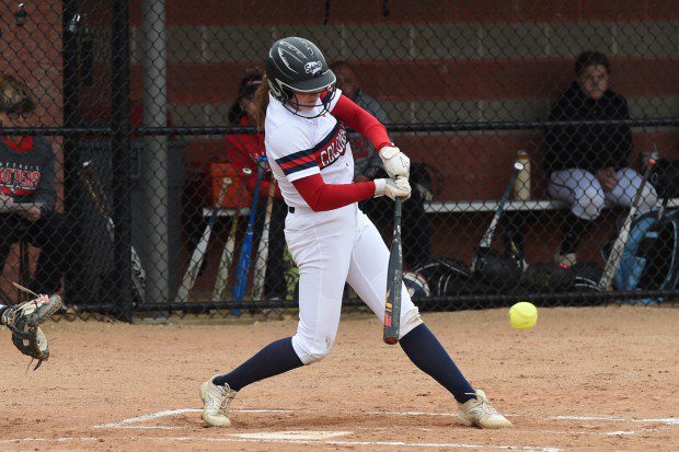 Plymouth Whitemarsh's Madison Moran, 9, hits a two-RBI single in the bottom of the first inning against Hatboro-Horsham during their game on Friday, April 19, 2024. (Mike Cabrey/MediaNews Group)