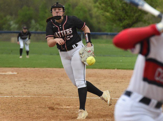 Hatboro-Horsham pitcher Alyssa Tooley, 24, throws a pitch against Plymouth Whitemarsh during their game on Friday, April 19, 2024. (Mike Cabrey/MediaNews Group)
