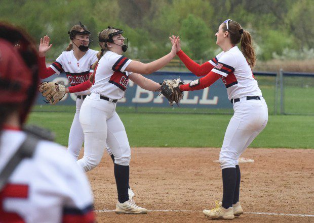 Plymouth Whitemarsh pitcher Rian Reed, 11, left, gives a high five to first baseman Sam Skivo, 7, during their game against Hatboro-Horsham on Friday, April 19, 2024. (Mike Cabrey/MediaNews Group)