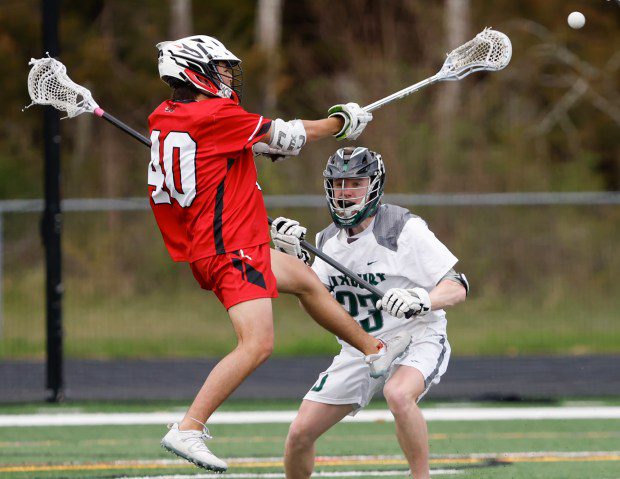 Reading's Nick Casanaro, left, attempts a shot on goal while being defended by Duxbury's Cole Martin on Saturday in Duxbury. (Photo by Paul Connors/Media News Group/Boston Herald)