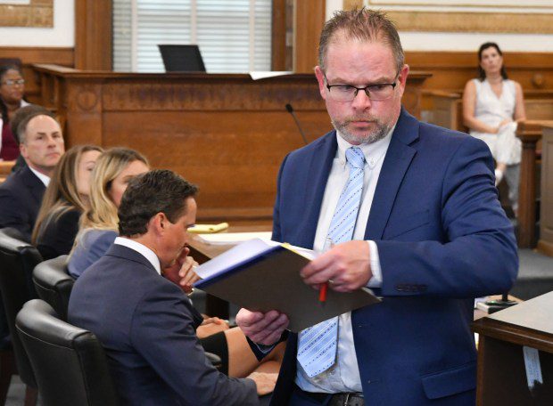 Norfolk Assistant District Attorney Adam Lally moves to a podium to address the court during a hearing for Karen Read in Norfolk Superior Court. (Chris Christo/Boston Herald)