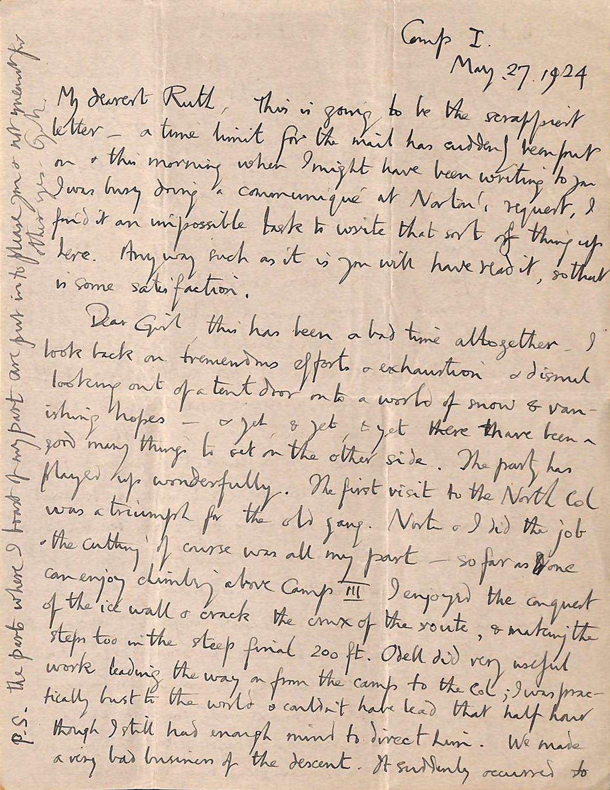 the first page of the last letter geoge mallory sent to his wife ruth in may 1924