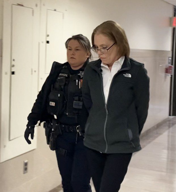 Jennifer Parker is escorted by a deputy sheriff from a Montgomery County courtroom on Jan. 31, 2024, after a jury convicted her of charges related to a fatal hit-and-run pedestrian crash. (Photo by Carl Hessler Jr. - MediaNews Group)