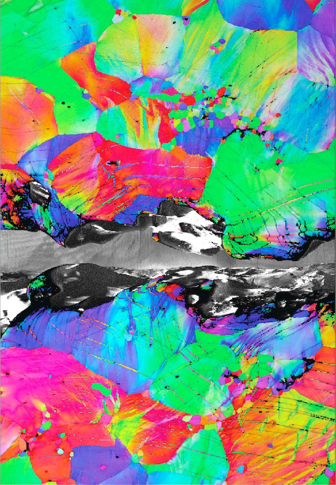 This map shows kink bands formed near a crack tip during crack propagation testing (from left to right) in the alloy at -196 C. Credit: Berkeley Lab.