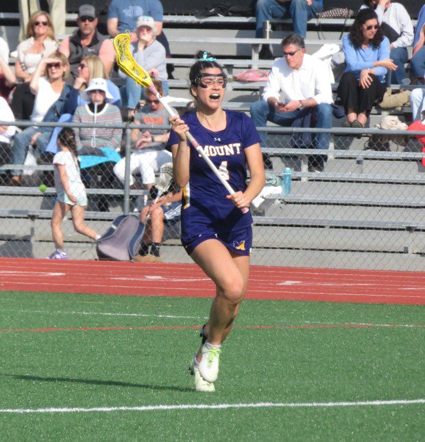 Mount Saint Joseph Academy's Maggie Rezza goes toward the goal against Gwynedd Mercy Academy Tuesday, April 23, 2024. (Ed Morlock/MediaNews Group)