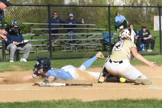 North Penn's Lacy Haldeman, 25, slides into home plate to score a run in the bottom of the sixth inning against Council Rock South during their game on Tuesday, April 23, 2024. (Mike Cabrey/MediaNews Group)