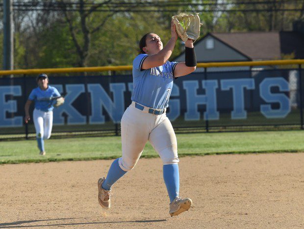North Penn shortstop Gianna Cimino, 7, catches a infield pop up for the third out in the top of the seventh inning to seal the Knights' 1-0 victory over Council Rock South on Tuesday, April 23, 2024. (Mike Cabrey/MediaNews Group)