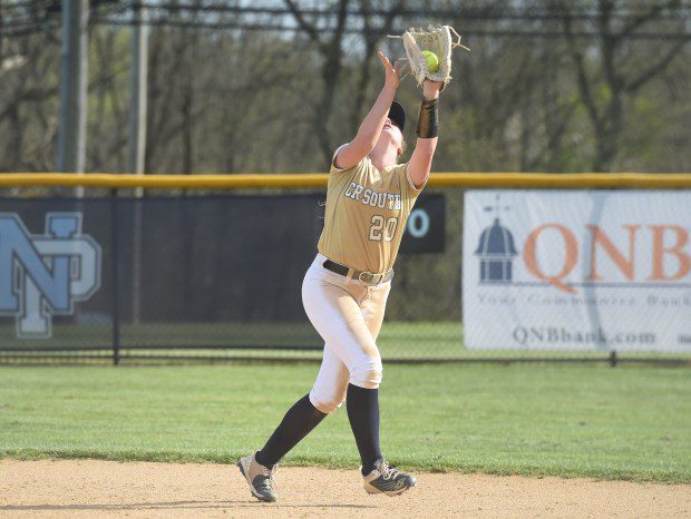 Council Rock South second baseman Kelly Delise, 20, catches a fly ball against North Penn during their game on Tuesday, April 23, 2024. (Mike Cabrey/MediaNews Group)