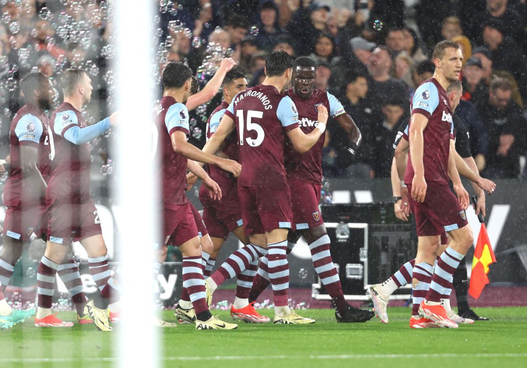 Kurt Zouma celebrates his goal for West Ham against Tottenham at the London Stadium