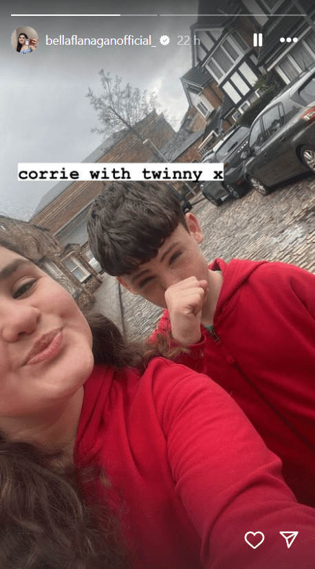 A screenshot of Isabella Flanagan's Instagram Stories, which features her and brother William on the Corrie set