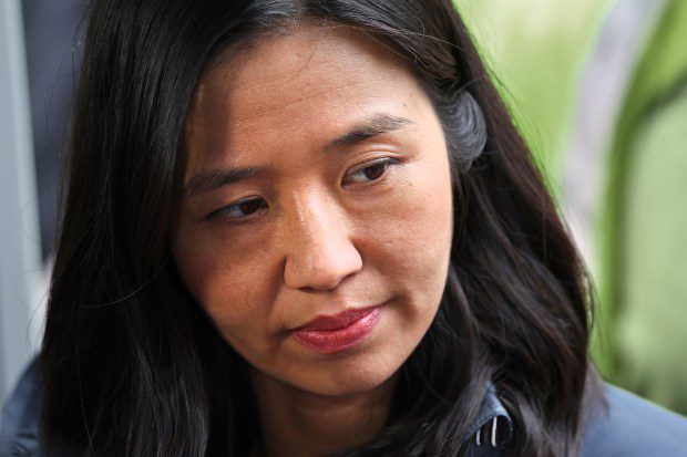 Mayor Michelle Wu during the William E. Carter School topping off ceremony. (Matt Stone/Boston Herald)