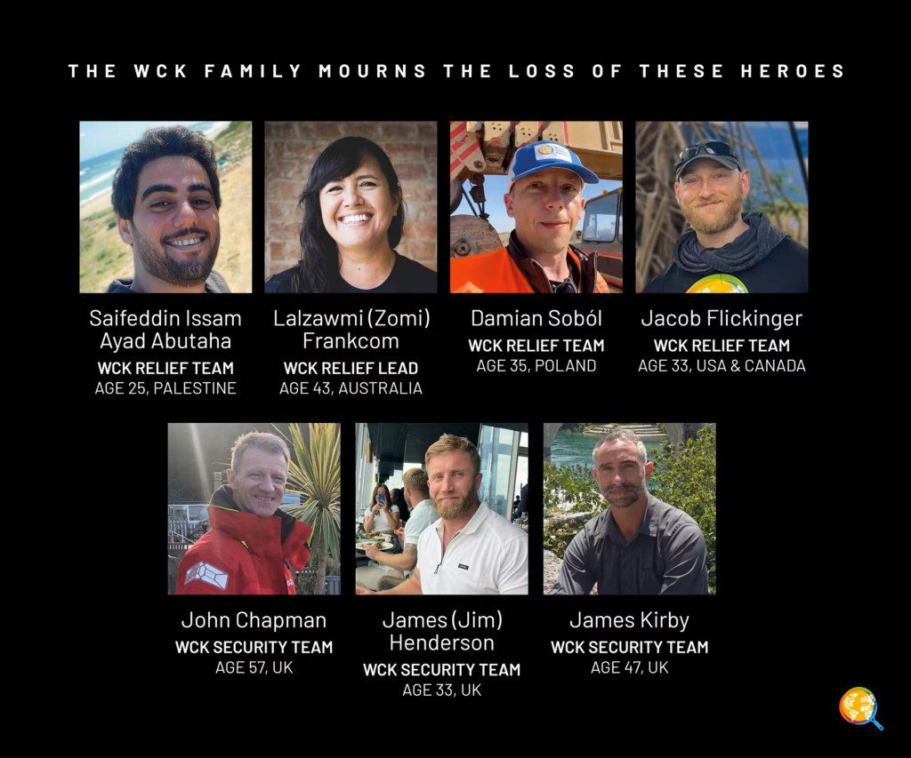 Undated handout photos issued by World Central Kitchen of (top row left to right) Palestinian Saifeddin Issam Ayad Abutaha, Australian national Lalzawmi 