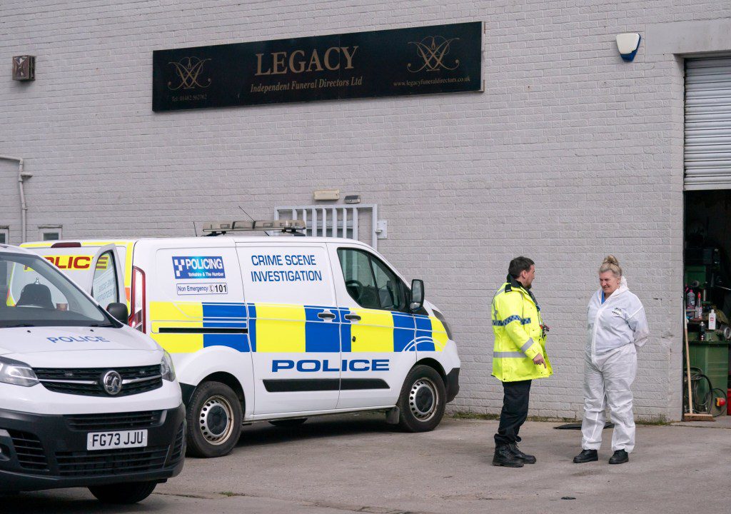 Police outside the Hessle Road branch of Legacy Independent Funeral Directors in Hull after after reports of 