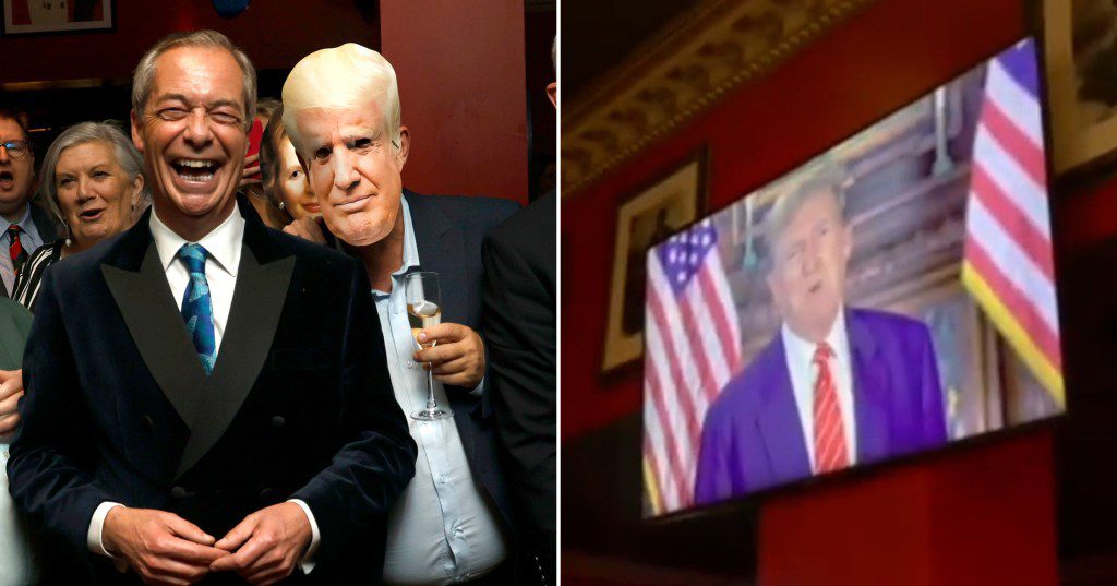 Nigel Farage and a man in a Donald Trump mask, and Donald Trump on a large TV.