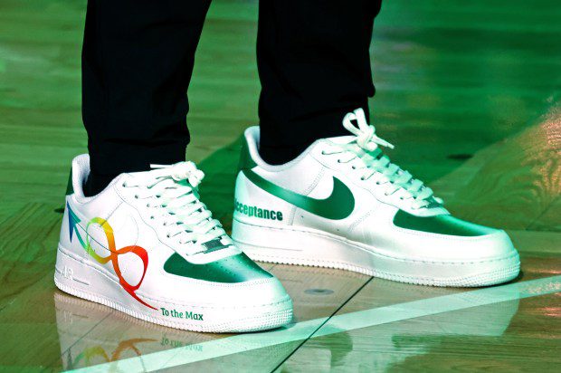 Boston Celtics head coach Joe Mazzulla wears shoes for Autism Awareness month as the Celtics take on the Thunder at the Garden on Wednesday. (Staff Photo/Stuart Cahill/Boston Herald)