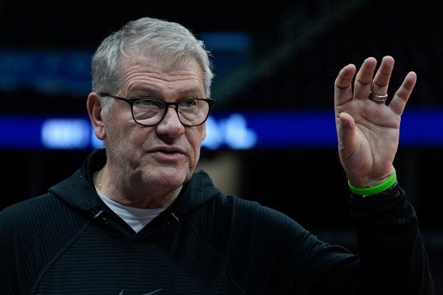 UConn head coach Geno Auriemma gestures during a practice for an NCAA Women's Final Four semifinals basketball game Thursday, April 4, 2024, in Cleveland. (AP Photo/Morry Gash)