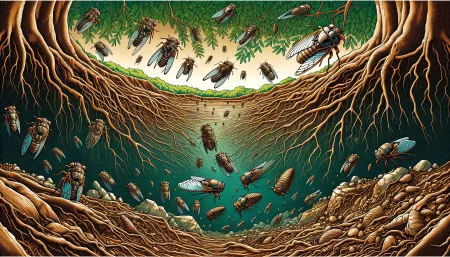 – dalle 2024 05 10 17 26 55 a vast sprawling underground scene showing numerous cicada nymphs in various stages of development amidst tree roots and soil the scene is filled wi