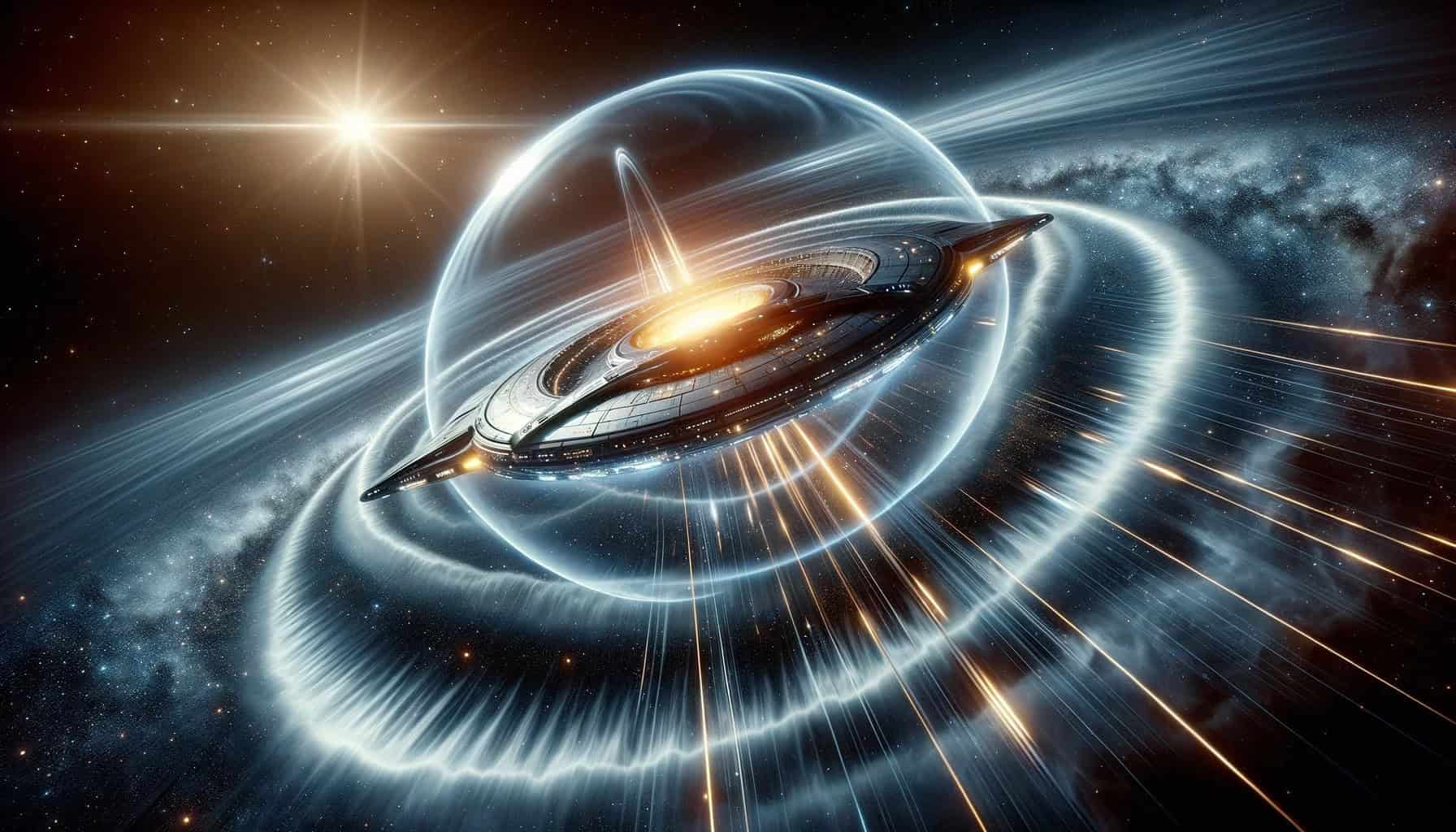 Illustration of futuristic spacecraft surrounded by a glowing warp bubble in space