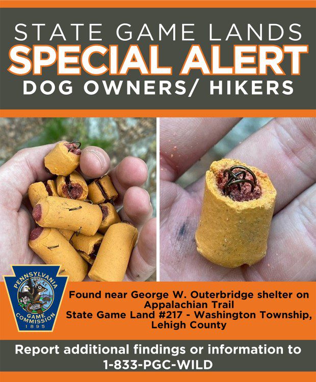 This poster from the Pennsylvania Game Commission warns of dog treats embedded with fish hooks that were found along the Appalachian Trail in Washington Township, Lehigh County, near the Lehigh Gap Nature Center. (Courtesy Pennsylvania Game Commission)