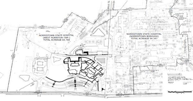 A rendering presented during in March 2024 shows the Norristown State Hospital grounds. (Photo courtesy West Norriton Township)