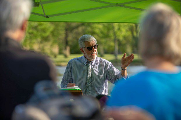 Lansdale Borough Manager John Ernst speaks at the dedication of a bicycle repair stand at Stony Creek Park on Thursday, May 2 2024. (Photo by James Short for North Penn Now)