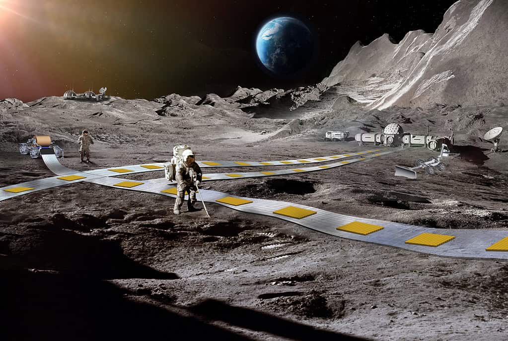 artistic conception of a rail system on the moon
