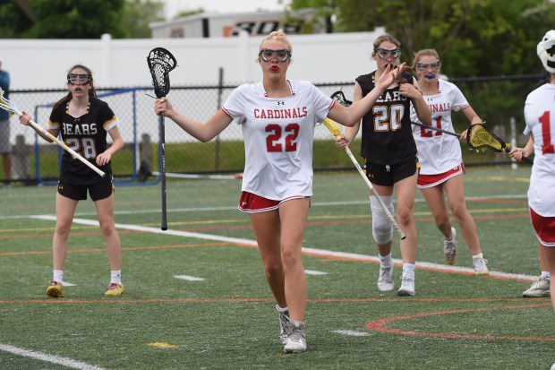 Upper Dublin's Paige Dinkel, 22, reacts after scoring a goal in the fourth quarter against Upper Moreland during their game on Monday, May 6, 2024. (Mike Cabrey/MediaNews Group)